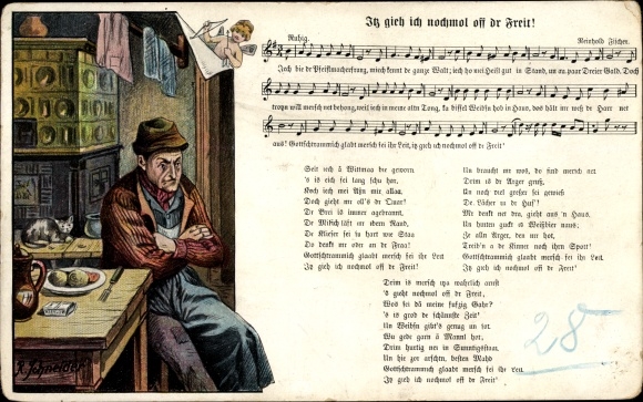 Song Postcard Schneider, Rud., Itz I go off again by Freit, Wilhelm Vogel, man, tiled stove
