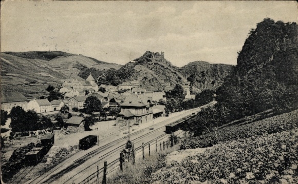 Postcard Altenahr in the Ahr Valley, vineyards, small town, Are castle ruins, railway line