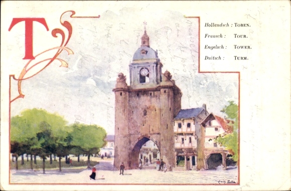 Art Nouveau Letters Artist Postcard Titz, Louis, T, Tower