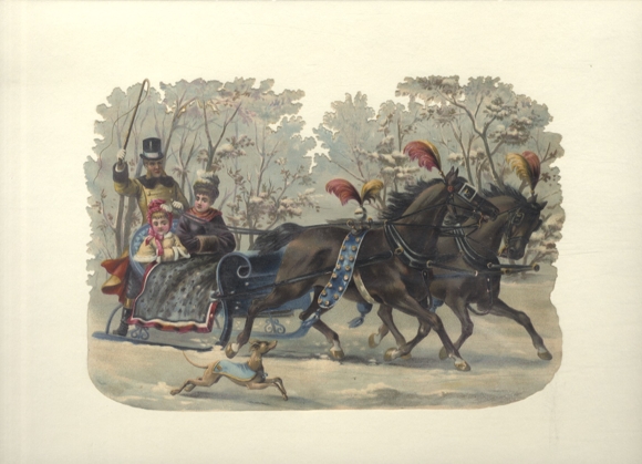 Oblate Prfede sleigh in winter landscape, coachman, dog, size approx. 15 x 22 cm