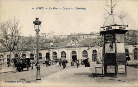 Ak Agen Lot et Garonne, Historische Bahnhofansicht, Kutsche, Lampen, MAGGI Werbung