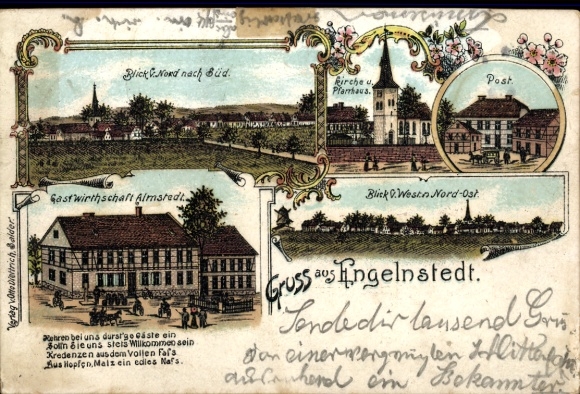 Chromo-Litho Engelnstedt Salzgitter in Lower Saxony, innkeeper Almstedt, church, rectory, post office