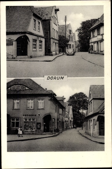 Ak Dorum Wurster Nordseeküste Landkreis Cuxhaven, Drogerie, Straßenpartie