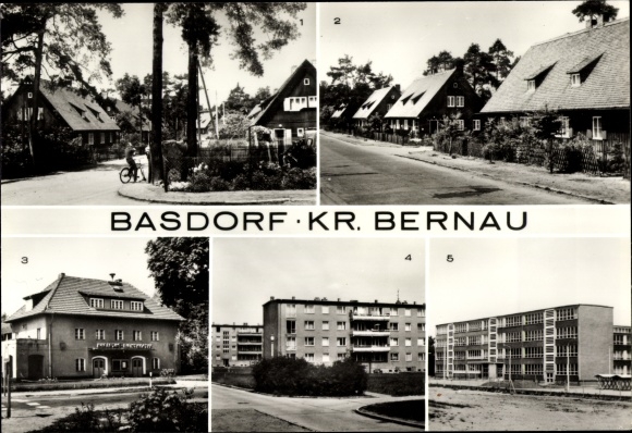 Postcard Basdorf Wandlitz, POS, Goethestrasse, Waldheimstrasse, Hubertus Filmtheater, Erich Weinert Strasse