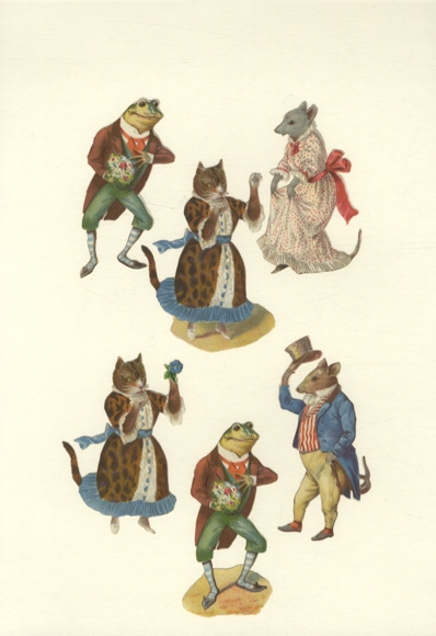 6 Oblaten Katzen, Mäuse, Frösche in menschlicher Kleidung, je ca. 9 x 6 / 5 cm