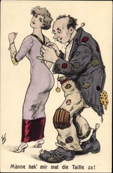 Artist Postcard Männe hook my waist, man sewing
