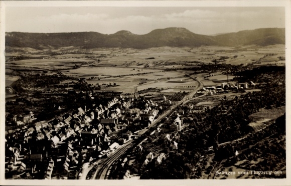 Postcard Balingen in Württemberg, aerial view of houses, landscape, mountains in the background