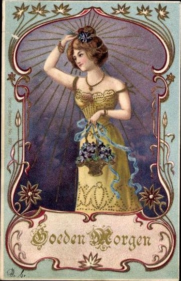4 old Postcard series times of day, good morning, good noon, good evening, good night