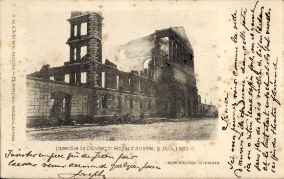 Postkaart Anvers Antwerpen Vlaanderen, uitgebrande ruïnes, Entrepôt Royal d' 5 juni 1901, zwart-witfoto