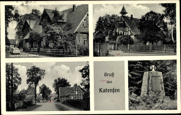 Postcard Katensen Uetze in Lower Saxony, war memorial, commercial building Wöhlert