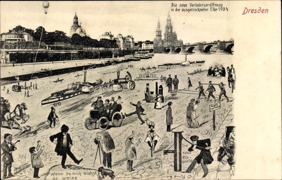 Postcard Dresden Altstadt, traffic opening in the dried-up Elbe 1904