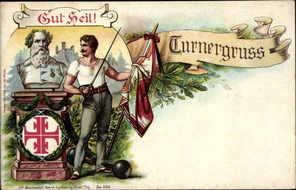 Chromo-Litho gymnastics greeting, German Gymnastics Association, Gut Heil, gymnastics father Jahn