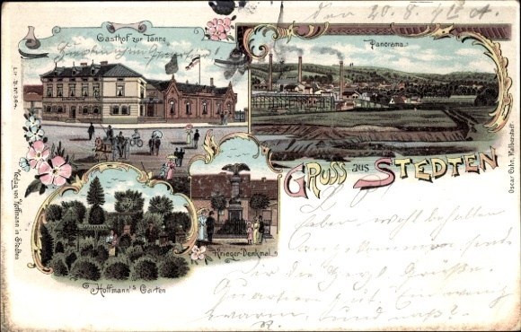 Litho Stedten am See Mansfelder Land, Gasthof zur Tanne, Hoffmann's Garten, Kriegerdenkmal