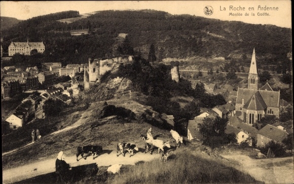 Postcard Laroche La Roche en Ardennes Wallonia Luxembourg, sheep, church, ruin, landscape, hilly