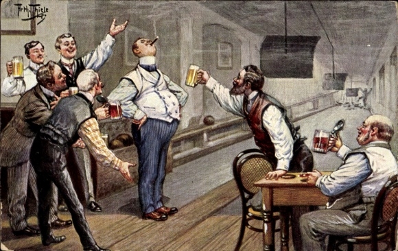 Artist Postcard Thiele, Arthur, Men at Bowling Night, All Nine, Beer