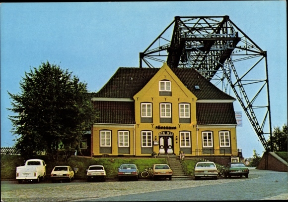 Postcard Osten Oste Lower Saxony, Hotel and Restaurant Fährkrug, owner Horst Ahlf, transporter bridge