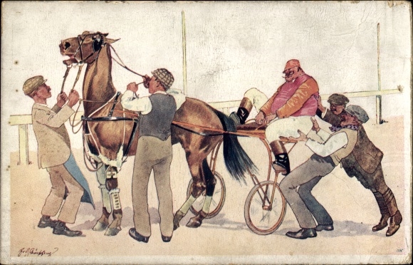 Kunstenaarskaart Schönpflug, F., drafrace, drafwagen, mannen, paard