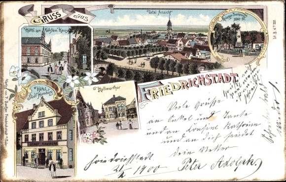 Chromo-Litho Friedrichstadt an der Eider, Hollmertor, hotel for the Holstein house and the city of Hamburg