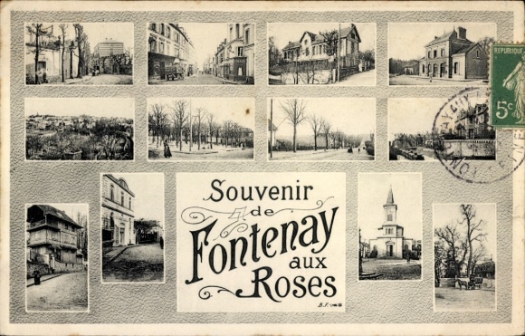 Postcard Fontenay aux Roses Hauts de Seine, partial views, train station, church