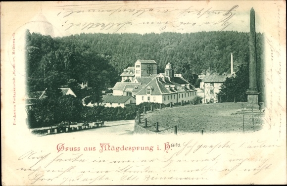 Ak Mägdesprung Harzgerode am Harz, Teilansicht vom Ort, Wald, Denkmal
