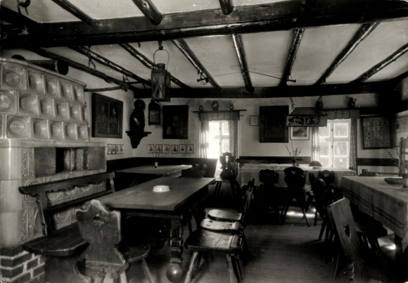 Postcard Waschleithe Grünhain Beierfeld in Saxony, charcoal burner's hut Fürstenbrunn, interior view, oven