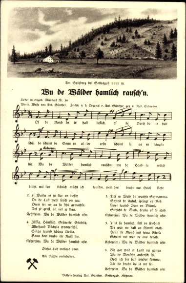 Song Postcard Anton Günther, Wu de woods hamlich rausch&#39;n, Erzgebirge dialect No. 30, Spitzberg