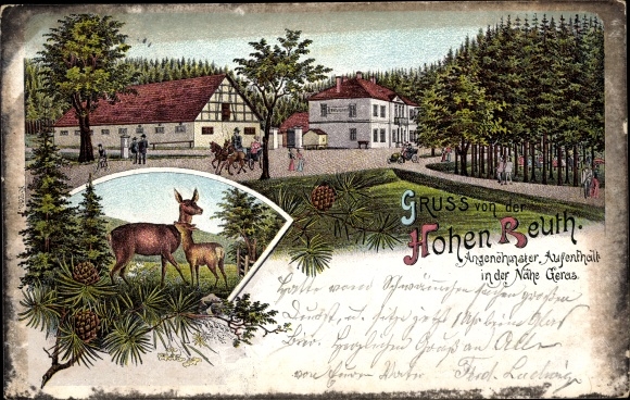 Chromo-Litho Bocka in Thuringia, Gasthaus Hohe Reuth, deer