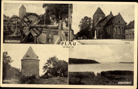 Postcard Plau am See, Old Watermill, Church, Castle Tower, Plauer See