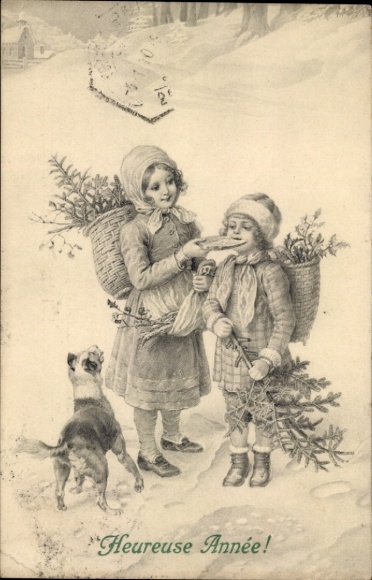 Ak Glückwunsch Neujahr, Kinder, Hund