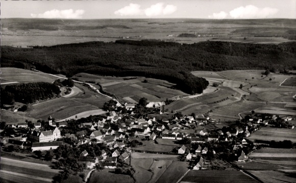 Postcard Edelstetten Neuburg an der Kammel Swabia, aerial view of a village surrounded by fields and