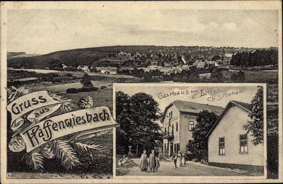 Ak Pfaffenwiesbach Wehrheim im Taunus Hessen, Gasthaus zur Linde, uitzicht op de stad