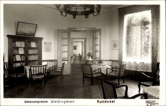 Postcard Waldrogäsen Wüstenjerichow Möckern in Saxony Anhalt, convalescent home, round room, photo Müller