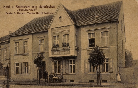 Postcard Jerichow an der Elbe, Hotel and Restaurant zum historischen Schulterblatt, owner E. Herger