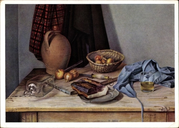 Artist PC Knaus, Robert, still life, table, ham, onions, jug, HDK 12