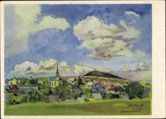 Kunstenaarskaart Heinmann, Ertsgebergte Altenberg, 500 jaar Zinnstadt, afstandsschot, kerk, plaats