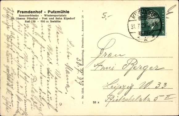 Postcard Dippoldiswalde in the Eastern Ore Mountains, Fremdenhof Putzmühle, guests in the garden in front of the house