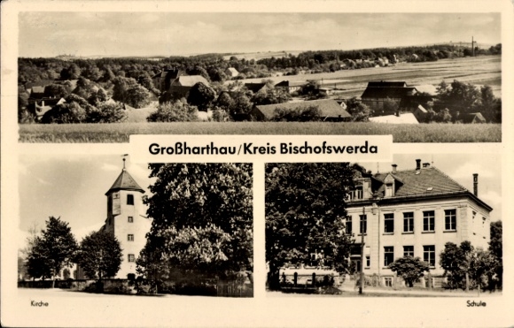 Postcard Großharthau in Saxony, church, school, landscape