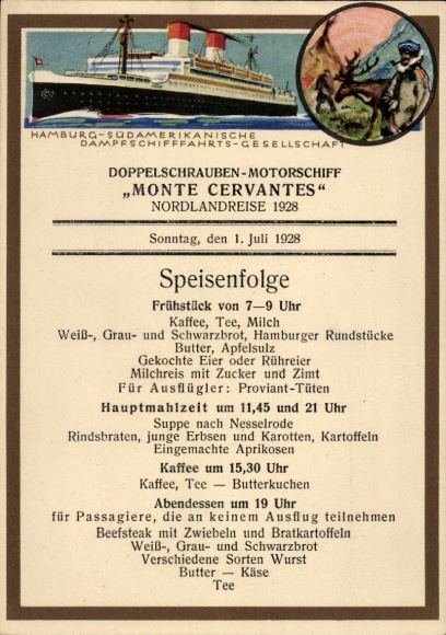 Ak Doppelschrauben-Motorschiff Monte Cervantes, HSDG, Speisenfolge