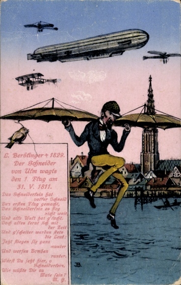 Postcard Ulm an der Donau, Schneider, inventor Albrecht Ludwig Berblinger, flight on 31 May 1811