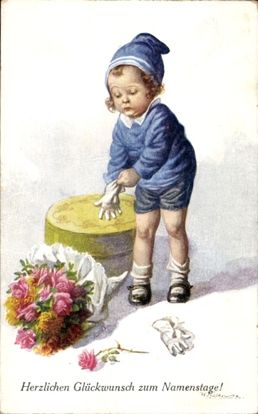 Postcard congratulations name day, boy, bouquet of flowers, gloves