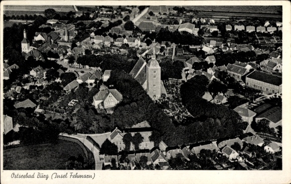 Postcard Burg on the island of Fehmarn, aerial photograph, church
