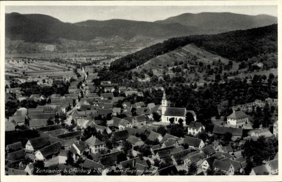 Postcard Zunsweier Offenburg in Baden Black Forest, aerial view of Zunsweier, churches, mountains, rural