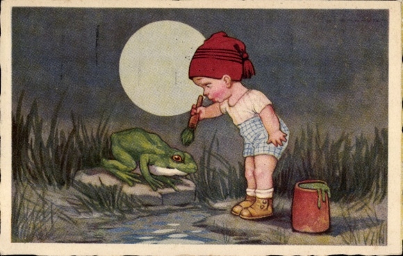 Artist Postcard Colombo, E., Boy with Brush, Frog