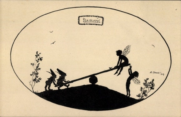 Paper cutting artist Postcard Forck, E., Elf game, Elves rocking