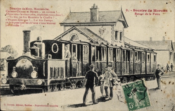 Postcard Baguer Morvan Ille et Vilaine, Retour de la Foire, train station, track side, man in traditional costume