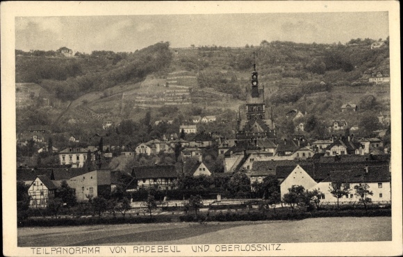 Ak Radebeul in Saksen, gedeeltelijk panorama van Radebeul en Oberlössnitz, kerk