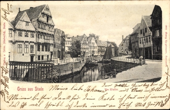 Postcard Stade in Lower Saxony, historical buildings, waterway, bridge, with greetings