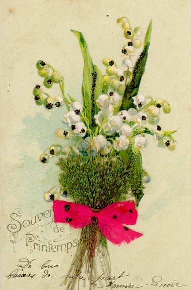 Embossing Material Glitter Postcard Lily of the Valley, Fabric Bow, Real Plant