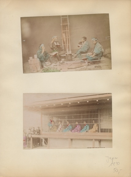 Foto Yokohama Präf Kanagawa Japan, Arbeiter beim Essen, Prostituierte in einem Käfig, Oiran