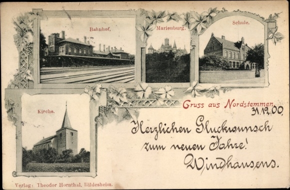 Postcard Nordstemmen Hildesheim Lower Saxony, train station, Marienburg, school, church
